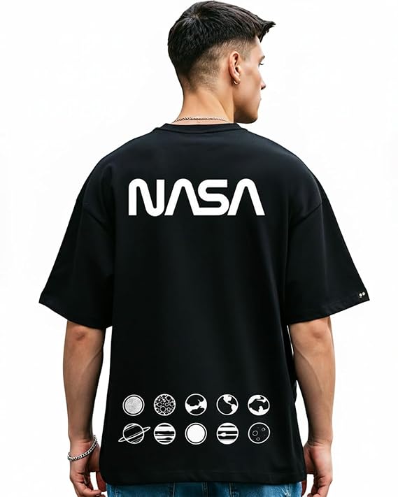 Bewakoof X NASA Men's Cotton Printed Oversized Fit Half Sleeve Round Neck T-Shirt | Casual Wear | Street Wear | Oversized t Shirt for Men Cotton | Baggy